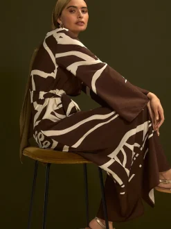 Chocolate Brown Print V-Neck 3/4 Length Sleeve Maxi Kaftan Dress
