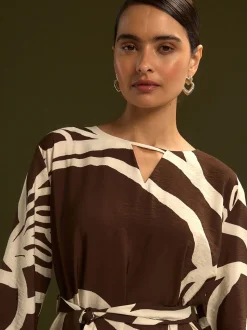 Chocolate Brown Print V-Neck 3/4 Length Sleeve Maxi Kaftan Dress