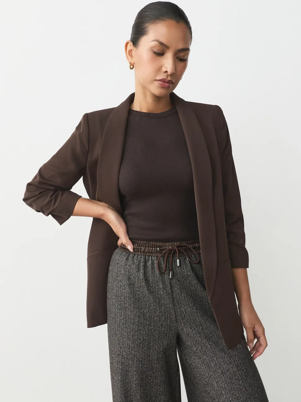 Chocolate Brown Relaxed Ruched Sleeve Blazer