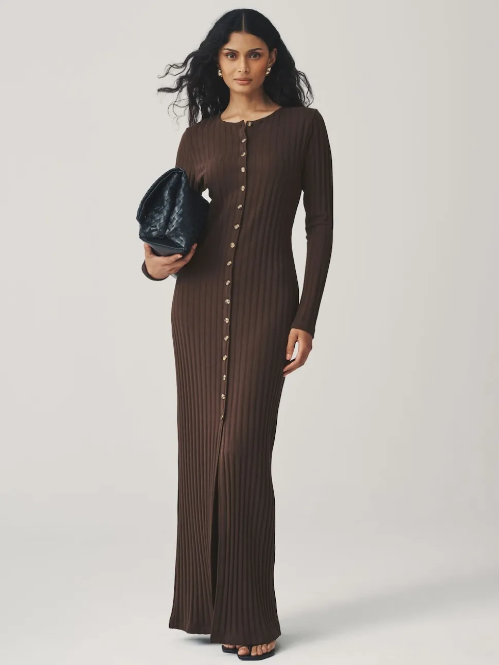 Chocolate Brown Ribbed Long Sleeve Button Down Midi Dress