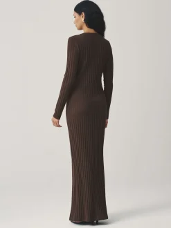 Chocolate Brown Ribbed Long Sleeve Button Down Midi Dress