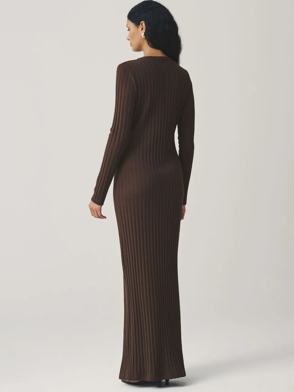 Chocolate Brown Ribbed Long Sleeve Button Down Midi Dress