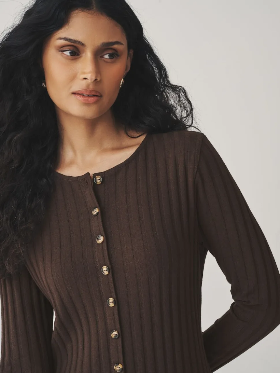Chocolate Brown Ribbed Long Sleeve Button Down Midi Dress