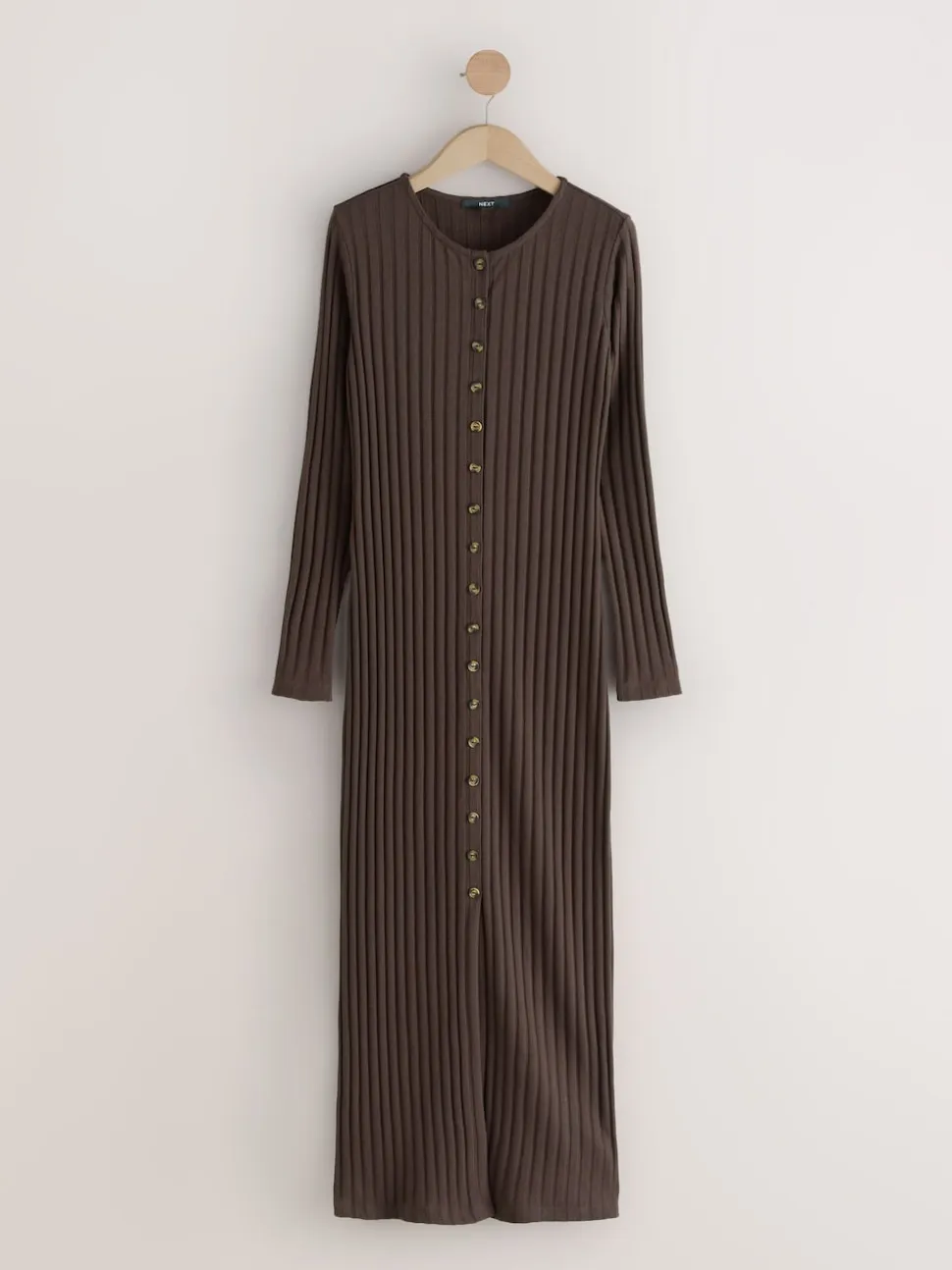 Chocolate Brown Ribbed Long Sleeve Button Down Midi Dress