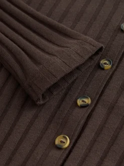Chocolate Brown Ribbed Long Sleeve Button Down Midi Dress