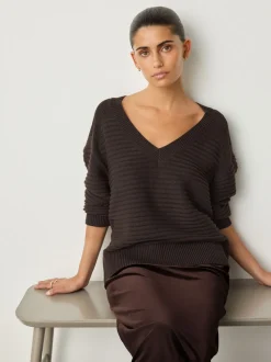 Chocolate Brown Ribbed V-Neck Knitted Jumper