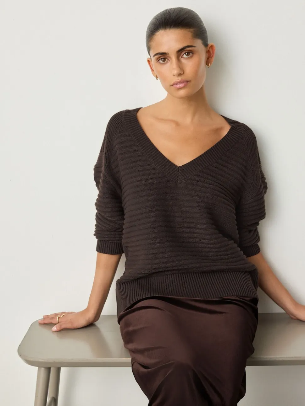 Chocolate Brown Ribbed V-Neck Knitted Jumper