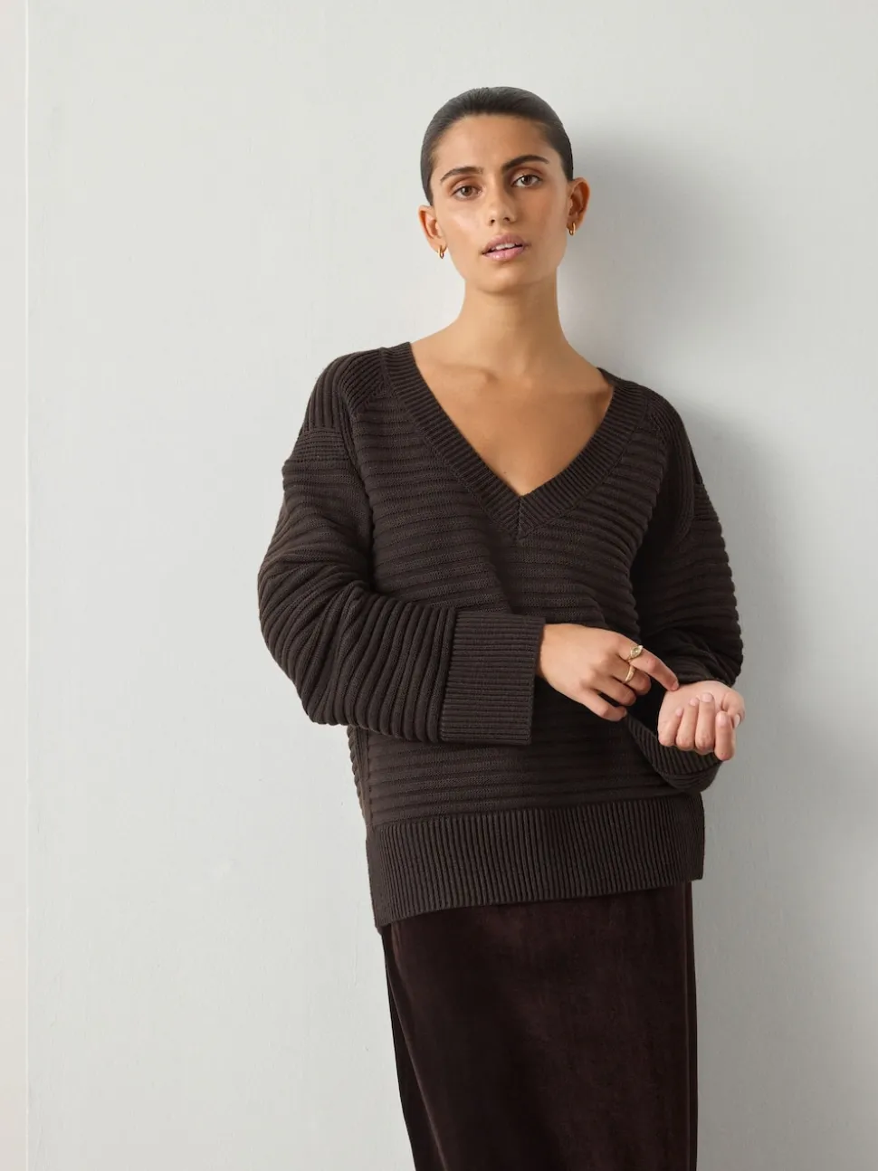Chocolate Brown Ribbed V-Neck Knitted Jumper