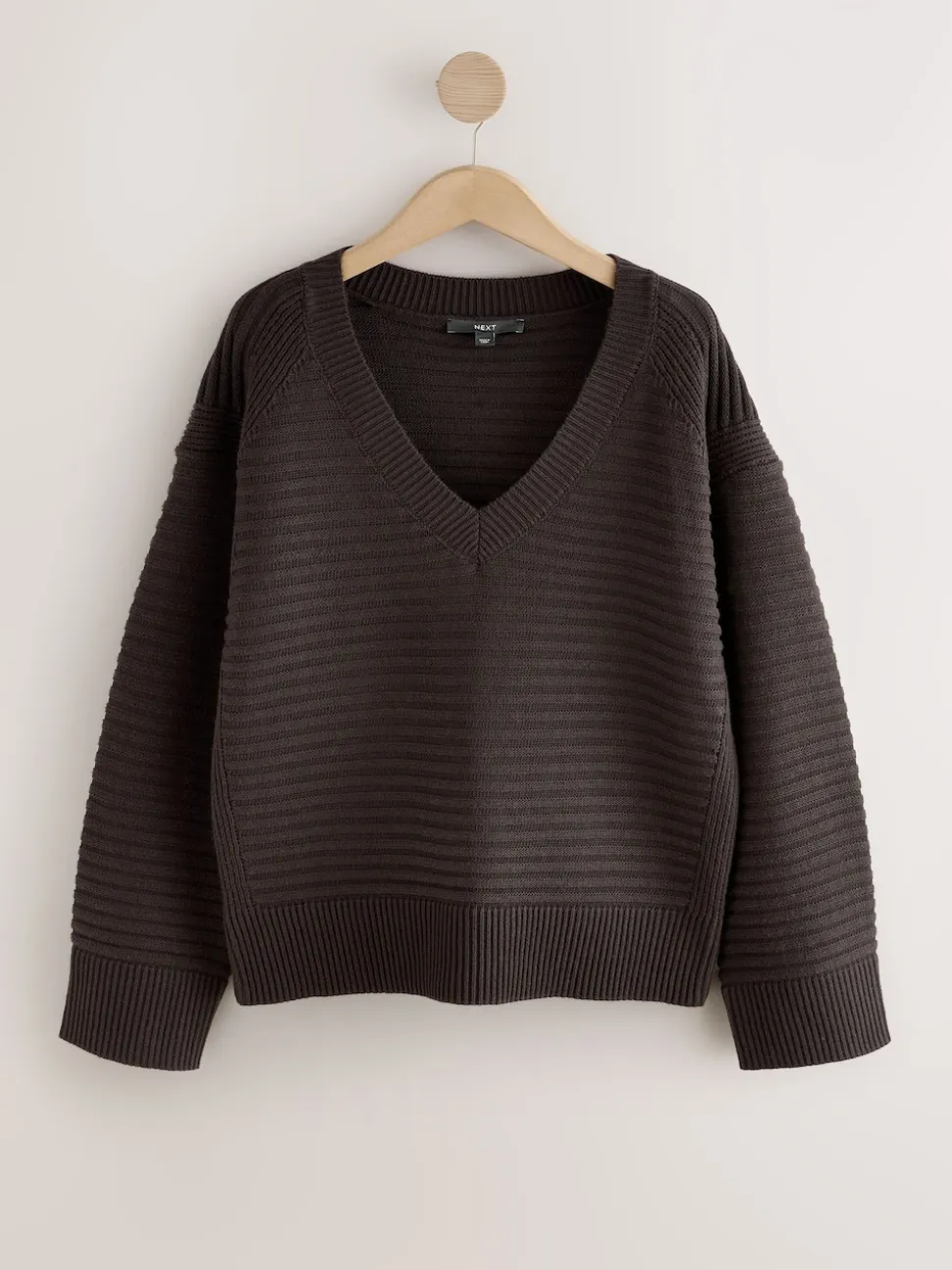 Chocolate Brown Ribbed V-Neck Knitted Jumper