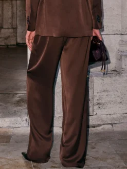 Chocolate Brown Satin Elastic Back Wide Leg Trousers