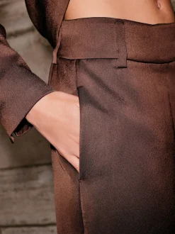 Chocolate Brown Satin Elastic Back Wide Leg Trousers