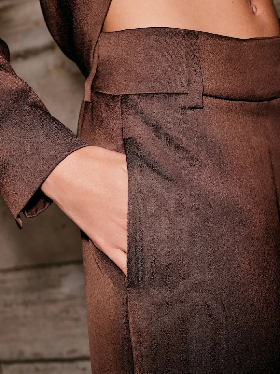 Chocolate Brown Satin Elastic Back Wide Leg Trousers