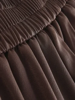Chocolate Brown Satin Elastic Back Wide Leg Trousers