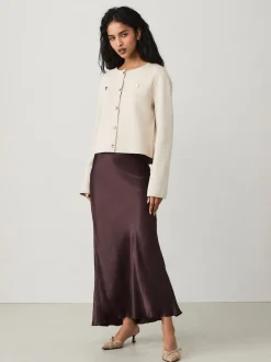 Chocolate Brown Satin Midi Skirt