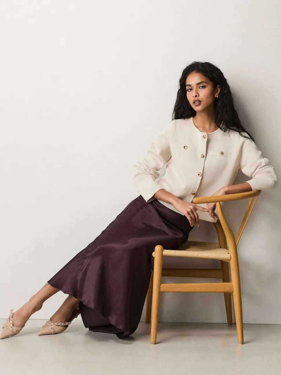 Chocolate Brown Satin Midi Skirt