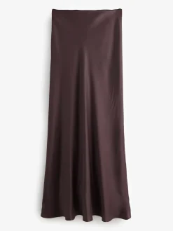 Chocolate Brown Satin Midi Skirt
