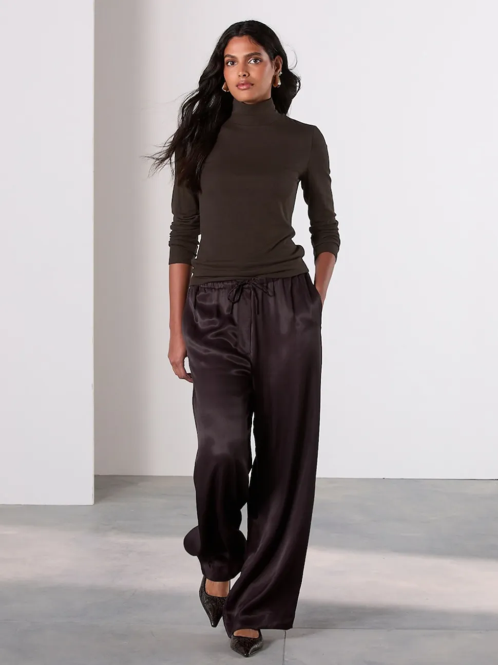 Chocolate Brown Satin Tie Waist Wide Leg Trousers