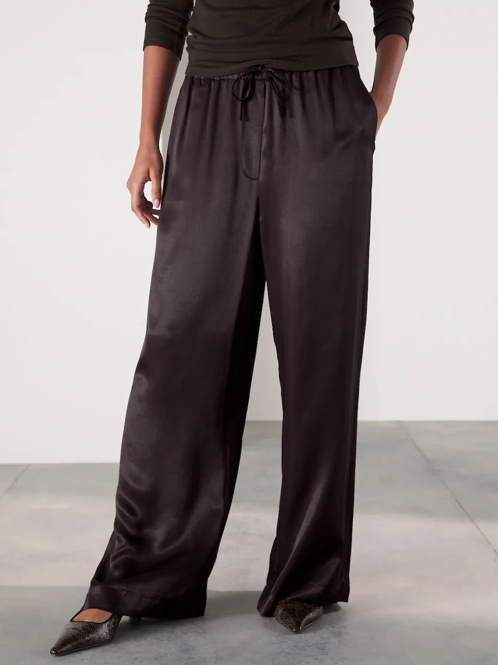 Chocolate Brown Satin Tie Waist Wide Leg Trousers