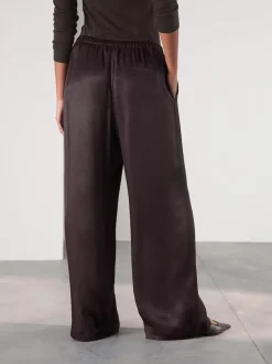 Chocolate Brown Satin Tie Waist Wide Leg Trousers