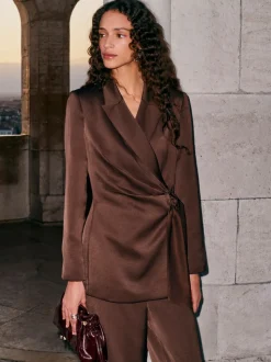 Chocolate Brown Satin Wrap Blazer