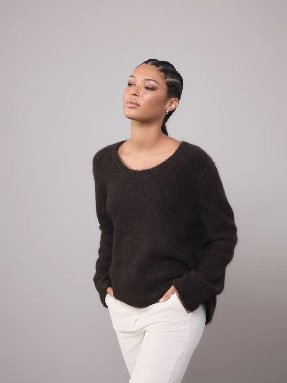 Chocolate Brown Scoop Neck Jumper With Wool
