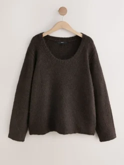 Chocolate Brown Scoop Neck Jumper With Wool