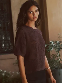 Chocolate Brown Short Sleeve Floral Crochet Crew Neck T-Shirt