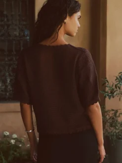 Chocolate Brown Short Sleeve Floral Crochet Crew Neck T-Shirt