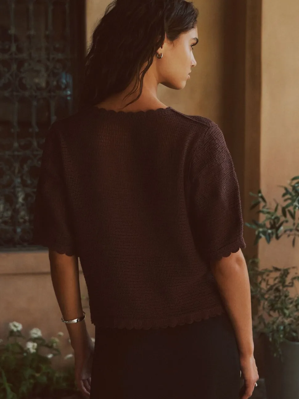 Chocolate Brown Short Sleeve Floral Crochet Crew Neck T-Shirt