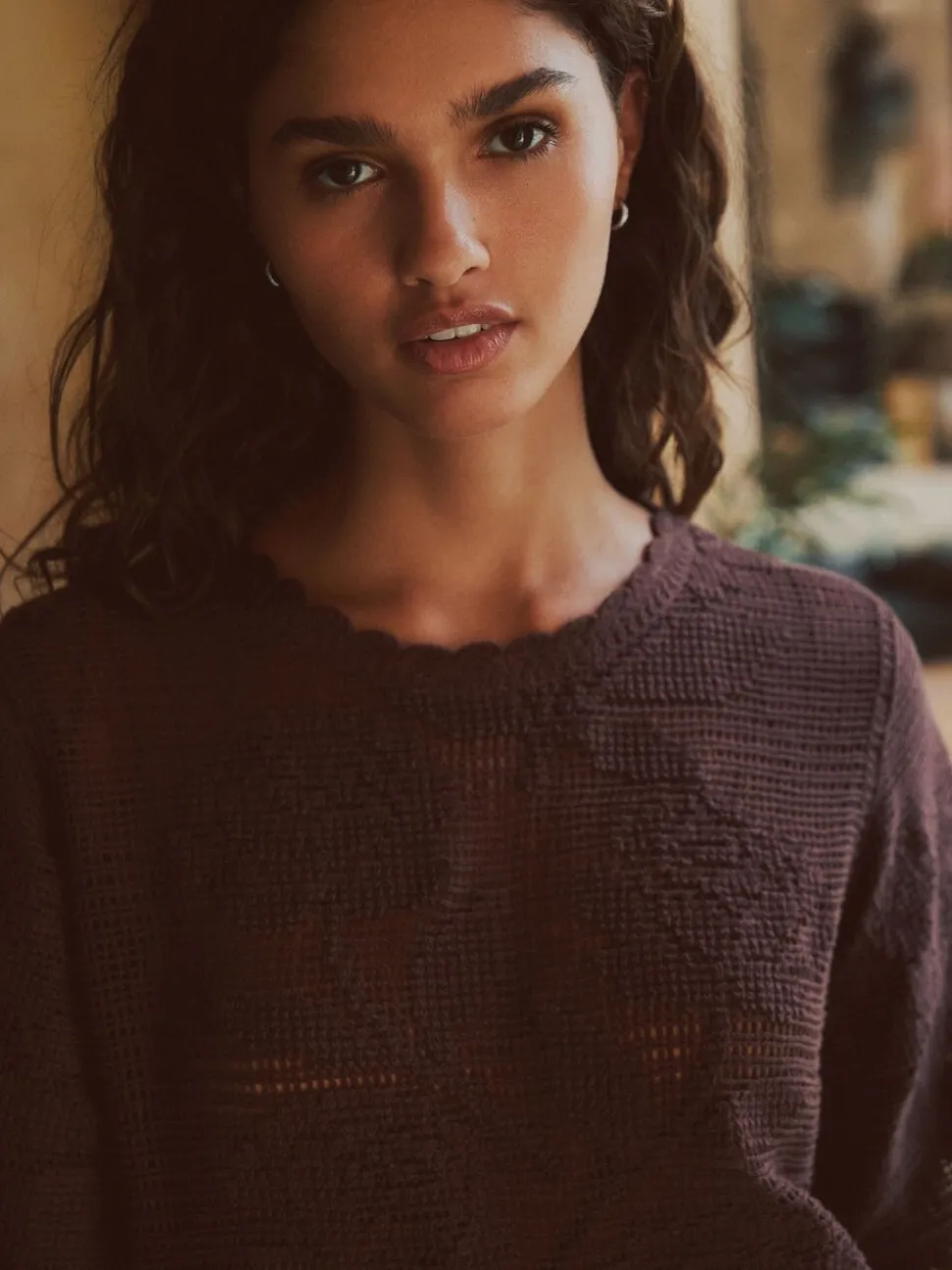 Chocolate Brown Short Sleeve Floral Crochet Crew Neck T-Shirt