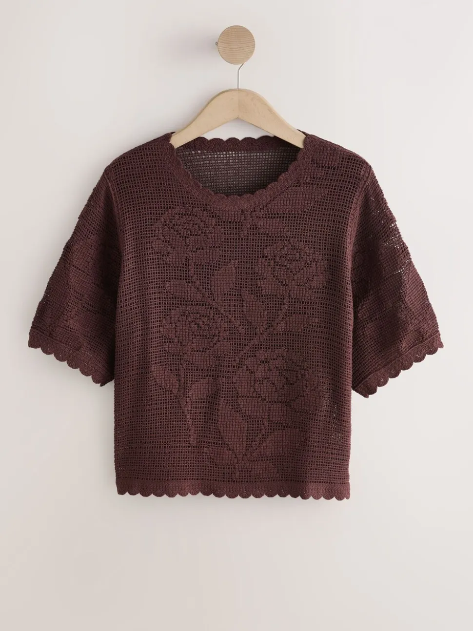 Chocolate Brown Short Sleeve Floral Crochet Crew Neck T-Shirt