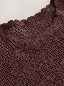 Chocolate Brown Short Sleeve Floral Crochet Crew Neck T-Shirt