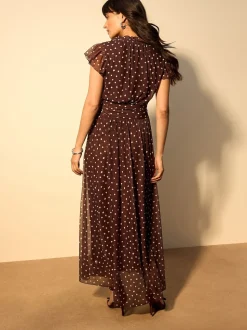 Chocolate Brown Spot Pleated Mesh Print V-Neck Occasion Maxi Dress