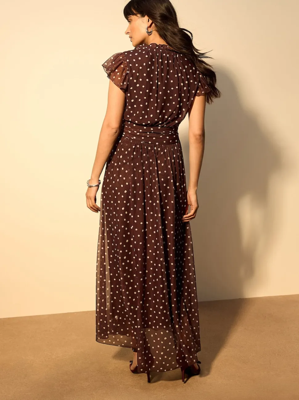 Chocolate Brown Spot Pleated Mesh Print V-Neck Occasion Maxi Dress