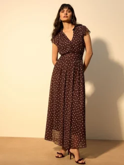 Chocolate Brown Spot Pleated Mesh Print V-Neck Occasion Maxi Dress