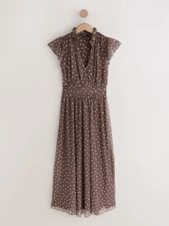 Chocolate Brown Spot Pleated Mesh Print V-Neck Occasion Maxi Dress
