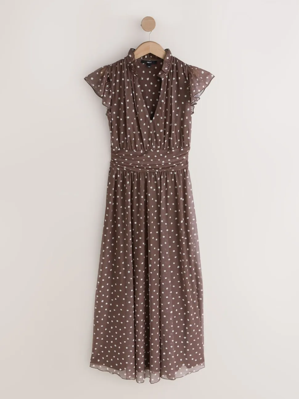 Chocolate Brown Spot Pleated Mesh Print V-Neck Occasion Maxi Dress