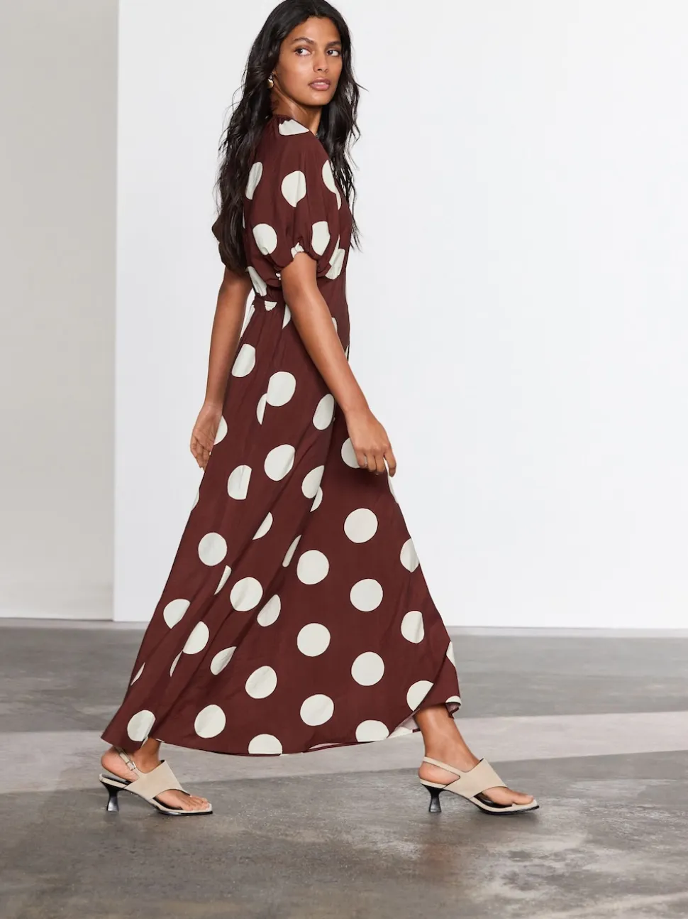 Chocolate Brown Spot Print Puff Sleeve Midi Dress