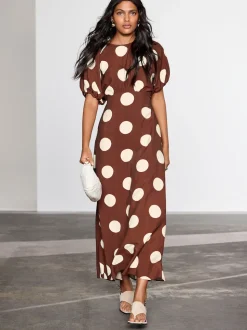 Chocolate Brown Spot Print Puff Sleeve Midi Dress
