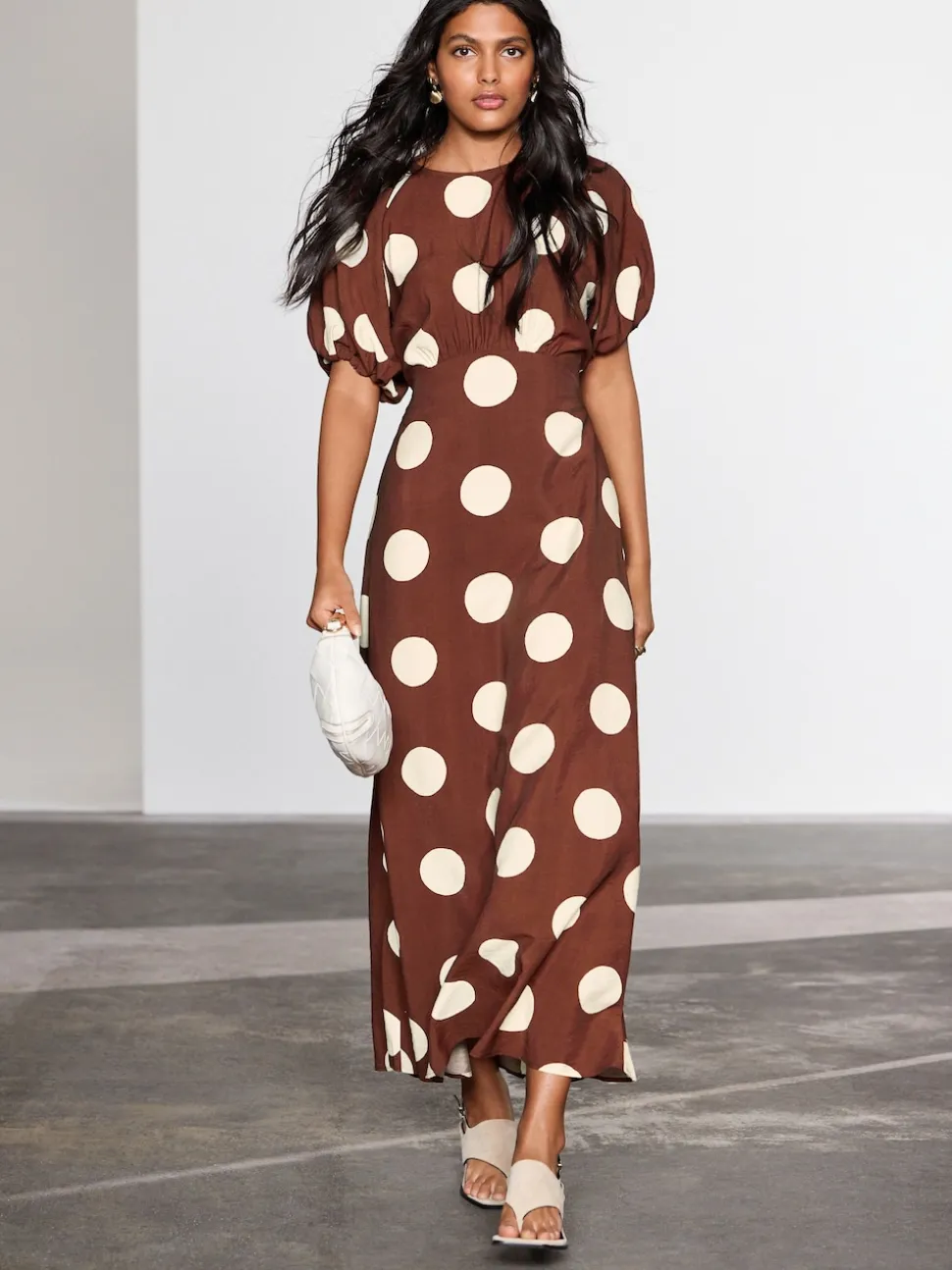 Chocolate Brown Spot Print Puff Sleeve Midi Dress
