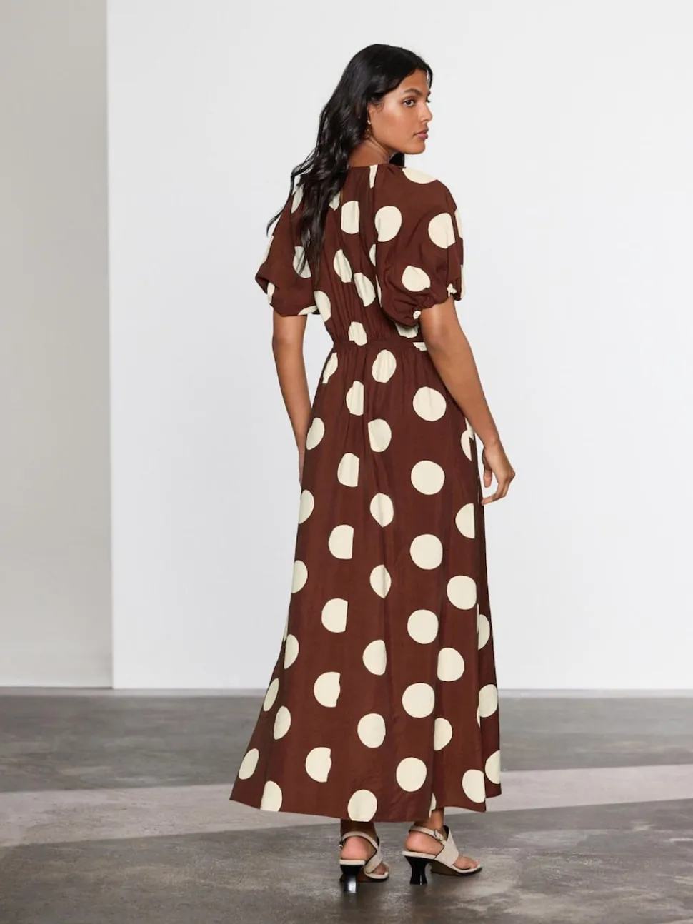 Chocolate Brown Spot Print Puff Sleeve Midi Dress