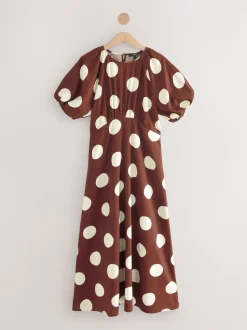 Chocolate Brown Spot Print Puff Sleeve Midi Dress