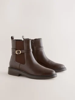 Chocolate Brown Standard/Wide Fit Buckled Chelsea Boots