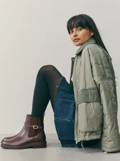 Chocolate Brown Standard/Wide Fit Buckled Chelsea Boots