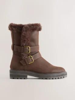 Chocolate Brown Standard/Wide Fit Forever Comfort® Double Buckle Faux Fur Lined Ankle Boots
