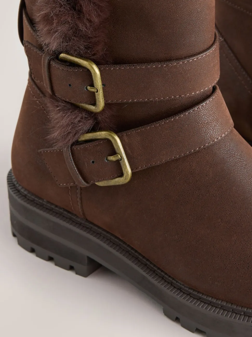 Chocolate Brown Standard/Wide Fit Forever Comfort® Double Buckle Faux Fur Lined Ankle Boots