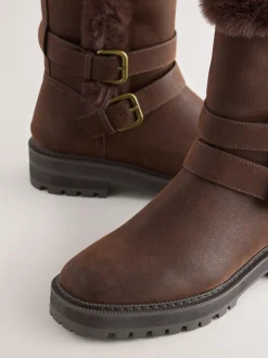 Chocolate Brown Standard/Wide Fit Forever Comfort® Double Buckle Faux Fur Lined Ankle Boots