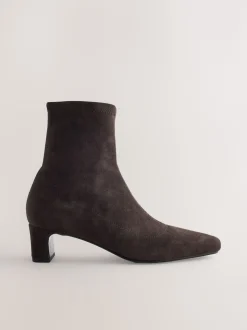 Chocolate Brown Standard/Wide Fit Chisel Toe Block Heel Sock Boots