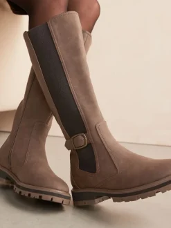 Chocolate Brown Standard/Wide Fit Knee High Buckle Chelsea Boots