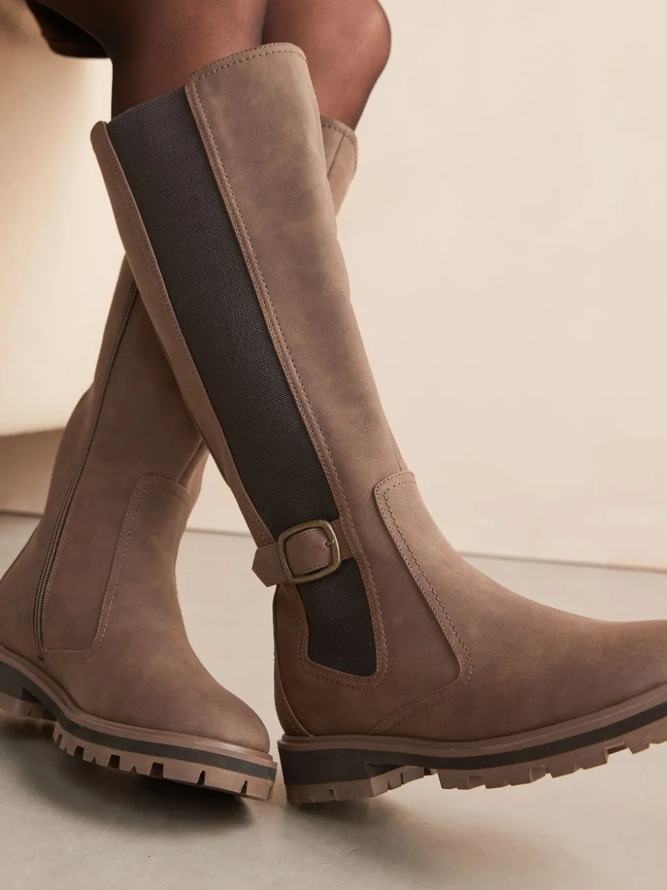 Chocolate Brown Standard/Wide Fit Knee High Buckle Chelsea Boots